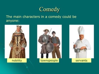 The main characters in a comedy could be
anyone:
nobility servants
townspeople
Comedy
 