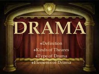 Definition
Kinds of Theares
Type of Drama
Elements of Drama
 