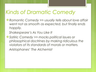 Kinds of Dramatic Comedy
 Romantic

Comedy >> usually tells about love affair
went not as smooth as expected, but finally ends
happily.
Shakespeare’s As You Like It
 Satiric Comedy >> mocks political issues or
philosophical doctrines by making ridiculous the
violators of its standards of morals or matters.
Aristophanes’ The Alchemist

 