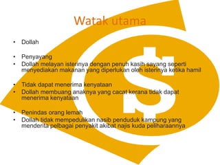 Watak utama
? Dollah
? Penyayang
? Dollah melayan isterinya dengan penuh kasih sayang seperti
menyediakan makanan yang diperlukan oleh isterinya ketika hamil
? Tidak dapat menerima kenyataan
? Dollah membuang anaknya yang cacat kerana tidak dapat
menerima kenyataan
? Penindas orang lemah
? Dollah tidak mempedulikan nasib penduduk kampung yang
menderita pelbagai penyakit akibat najis kuda peliharaannya
 