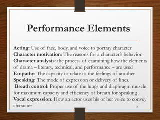 Performance Elements
Acting: Use of face, body, and voice to portray character
Character motivation: The reasons for a character’s behavior
Character analysis: the process of examining how the elements
of drama – literary, technical, and performance – are used
Empathy: The capacity to relate to the feelings of another
Speaking: The mode of expression or delivery of lines.
Breath control: Proper use of the lungs and diaphragm muscle
for maximum capacity and efficiency of breath for speaking
Vocal expression: How an actor uses his or her voice to convey
character 13
 