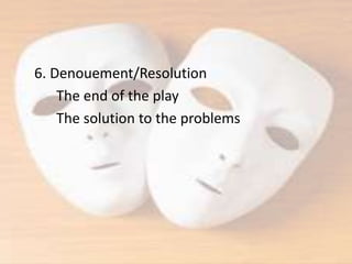 6. Denouement/Resolution
The end of the play
The solution to the problems
 