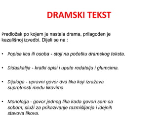 DRAMSKI TEKST 
Predložak po kojem je nastala drama, prilagođen je 
kazališnoj izvedbi. Dijeli se na : 
• Popisa lica ili osoba - stoji na početku dramskog teksta. 
• Didaskalija - kratki opisi i upute redatelju i glumcima. 
• Dijaloga - upravni govor dva lika koji izražava 
suprotnosti među likovima. 
• Monologa - govor jednog lika kada govori sam sa 
sobom; služi za prikazivanje razmišljanja i idejnih 
stavova likova. 
 