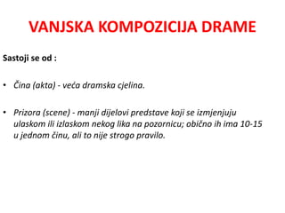 VANJSKA KOMPOZICIJA DRAME 
Sastoji se od : 
• Čina (akta) - veća dramska cjelina. 
• Prizora (scene) - manji dijelovi predstave koji se izmjenjuju 
ulaskom ili izlaskom nekog lika na pozornicu; obično ih ima 10-15 
u jednom činu, ali to nije strogo pravilo. 
 