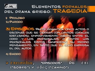1) Prólogo
2) Párodo
3) Episodios: Parte dramática. cinco actos o
escenas que se cierran con cantos corales
(estásimos).. enfrentamiento (aGón) entre el
coro y los personajes o entre los
personajes. Estos manifiestan su propio
pensamiento, en tanto que el coro expresa
el del autor.
4) Éxodo
 e)peiso/dia, “episodios”, De e)pi/
(“sobre” ) y o(do/j (“cam ino ” )
Elementos formales
del drama griego: TRAGEDIA
 