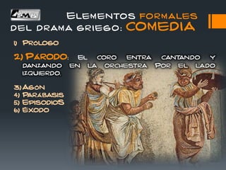Elementos formales
del drama griego: COMEDIA
1) Prólogo
2) Párodo: El
3) Agón
4) Parábasis
5) EpisodioS
6) Éxodo
 