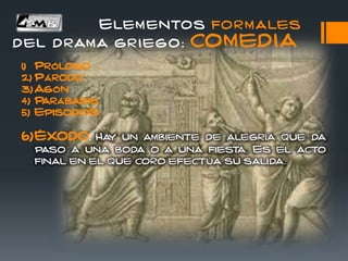 Elementos formales
del drama griego: COMEDIA
1) Prólogo
2) Párodo
3) Agón
4) Parábasis
5) EpisodioS
6)Éxodo:
 