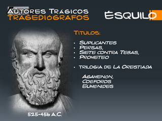 Autores Trágicos
TRAGEDIÓGRAFOS Ésquilo
525-456 a.C.
Títulos:
• Suplicantes
• Persas,
• Siete contra Tebas,
• Prometeo
• trilogía de La Orestíada
Agamenón,
Coéforos
Euménides
 