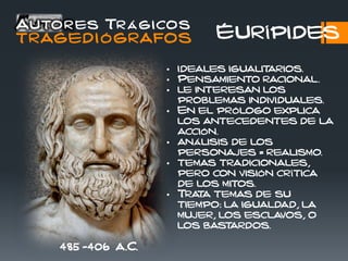 Éurípides
485 -406 a.C.
• ideales igualitarios.
• Pensamiento racional.
• le interesan los
problemas individuales.
• En el prólogo explica
los antecedentes de la
acción.
• análisis de los
personajes = realismo.
• temas tradicionales,
pero con visión crítica
de los mitos.
• Trata temas de su
tiempo: la igualdad, la
mujer, los esclavos, o
los bastardos.
Autores Trágicos
TRAGEDIÓGRAFOS
 