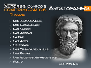 Autores cómicos
COMEDIÓGRAFOS Aristófanes
444-385 a.C.
Títulos:
• Los Acarnienses.
• Los Caballeros
• Las Nubes
• Las Avispas
• La Paz
• Las Aves
• Lisístrata
• Las Tesmoforiazusas
• Las Ranas
• Las Mujeres Asambleístas
• Pluto
 