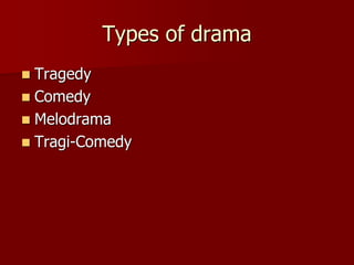 Types of drama
 Tragedy
 Comedy
 Melodrama
 Tragi-Comedy
 