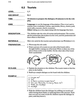 116 ROLE PLAYS AND IMPROVISATION
LEVEL
AGE GROUP
6.2 Tourists
____ 2,3
B, C
TIME
AIMS
DESCRIPTION
MATERIALS
PREPARATION
IN CLASS
EXAMPLE
20 minutes to prepare the dialogue; 40 minutes to do the role
play.
Language: to use the language of description (There is!are) and to
activate town vocabulary (cinema, supermarket, library, chemist,park,
tourist office, museum, church, restaurant).
Other: taking on a role, improvising with the language they have.
The children take the roles of tourists and pedestrians. The tourists
ask the pedestrians about places in the town, and the pedestrians tell
them where to find them.
Mini role cards for the tourists and pedestrians (seeWorksheet 6.2).
1 Photocopy the role cards.
2 Draw a picture of a tourist on one side of the board, with a
thought bubble coming out ofher head.Write or draw one of the
places from a town in the bubble. On the other side of the board
draw a pedestrian.
1 Explain the situation to the children.The tourist wants to find the
place in the bubble.
2 Build up a simple dialogue on the board with the children.
A Excu se, Kve^
b r^ s 7
A Is a pi'z-z-e*'ia
B YeS; oVe^ I rv S < S n -f.
A Tfocwk you. (Soodbye*.
B (Soodby&.
3 Help the children learn the dialogue by rubbing out words and
either leaving them blank, or replacing them with a picture. Each
time you rub out some words the children repeat the dialogue in
pairs, until they know it.
 