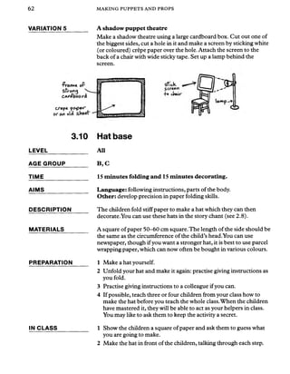 62 MAKING PUPPETS AND PROPS
VARIATION 5 A shadow puppet theatre
Make a shadow theatre using a large cardboard box. Cut out one of
the biggest sides, cut a hole in it and make a screen by sticking white
(or coloured) crepe paper over the hole. Attach the screen to the
back of a chair with wide sticky tape. Set up a lamp behind the
screen.
*vt«. oP
strong
cajftJboardl
crepe, f cxper
or o<k slrt&et"
3.10 Hat base
LEVEL All
AGE GROUP B, C
TIME
AIMS
DESCRIPTION
MATERIALS
15 minutes folding and 15 minutes decorating.
Language: following instructions, parts of the body.
Other: develop precision in paper folding skills.
The children fold stiffpaper to make a hat which they can then
decorate.You can use these hats in the story chant (see 2.8).
A square ofpaper 50-60 cm square. The length ofthe side should be
the same as the circumference of the child’s head.You can use
newspaper, though ifyou want a stronger hat, it is best to use parcel
wrapping paper, which can now often be bought in various colours.
PREPARATION
IN CLASS
1 Make a hat yourself.
2 Unfold your hat and make it again: practise giving instructions as
you fold.
3 Practise giving instructions to a colleague ifyou can.
4 If possible, teach three or four children from your class how to
make the hat before you teach the whole class.When the children
have mastered it, they will be able to act as your helpers in class.
You may like to ask them to keep the activity a secret.
1 Show the children a square of paper and ask them to guess what
you are going to make.
2 Make the hat in front of the children, talking through each step.
 