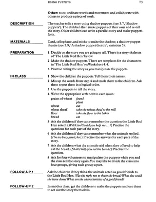 USING PUPPETS 73
Other: to co-ordinate words and movement and collaborate with
others to produce a piece of work.
DESCRIPTION______ The teacher tells a story using shadow puppets (see 3.7, ‘Shadow
puppets’).The children then make puppets of their own and re-tell
the story. Older children can write a parallel story and make puppets
for it.
MATERIALS
PREPARATION
Card, cellophane, and sticks to make the shadow; a shadow puppet
theatre (see 3.9, ‘A shadow puppet theatre’, variation 5).
1 Decide on the story you are going to tell.There is a story skeleton
of‘The Little Red Hen’below.
2 Make the shadow puppets.There are templates for the characters
in ‘The Little Red Hen’onWorksheet 4.4.
3 Practise telling the story as you manipulate the puppets.
IN CLASS
FOLLOW-UP 1
FOLLOW-UP 2
1 Show the children the puppets.Tell them their names.
2 Mix up the words from step 4 and teach them to the children. Ask
them to put them in a logical order.
3 Use the puppets to tell the story.
4 Write the appropriate verb next to each noun:
grains ofwheat found
plant
wheat cut
wheat sheaf take the wheat sheafto the mill
flour take theflour to the baker
bread eat
5 Ask the children if they can remember the question the Little Red
Hen asked. (Will/Can/Couldyou help me ...?) Practise the
questions for each part of the story.
6 Ask the children if they can remember what the animals replied.
{Fm too busy, tired, hot.) Practise the answers for each part of the
story.
7 Ask the children what the animals said when they offered to help
eat the bread. {Shall I helpyou eat the bread?) Practise the
question.
8 Ask for four volunteers to manipulate the puppets while you and
the class tell the story again.You may like to divide the class into
four groups, giving each group a part.
Ask the children ifthey think the animals acted as good friends to
the Litde Red Hen. Was she right not to share the bread?What else could
she have done?What are the characteristics ofa goodfriend?
In another class, get the children to make the puppets and use them
to act out the story themselves.
 