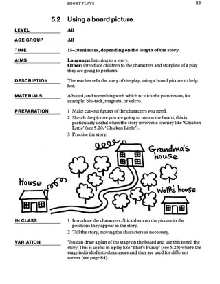 SHORT PLAYS 83
LEVEL
AGE GROUP
TIME
5.2 Using a board picture
____ All
____ All
15-20 m inutes, depending on the length of the story.
AIMS
DESCRIPTION
MATERIALS
PREPARATION
Language: listening to a story.
Other: introduce children to the characters and storyline of a play
they are going to perform.
The teacher tells the story ofthe play, using a board picture to help
her.
A board, and something with which to stick the pictures on, for
example: blu-tack, magnets, or velcro.
1 Make cut-out figures of the characters you need.
2 Sketch the picture you are going to use on the board, this is
particularly useful when the story involves a journey like ‘Chicken
Little’ (see 5.20, ‘Chicken Little’).
3 Practise the story.
. J ? P ‘House c€Cn
G ’mwclirvia.S
U o u S - e -
iPs house
IN CLASS
VARIATION
1 Introduce the characters. Stick them on the picture in the
positions they appear in the story.
2 Tell the story, moving the characters as necessary.
You can draw a plan of the stage on the board and use this to tell the
story.This is useful in a play like ‘That’s Funny’ (see 5.23) where the
stage is divided into three areas and they are used for different
scenes (see page 84).
 