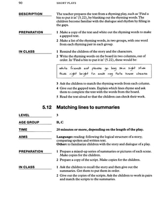 90 SHORT PLAYS
DESCRIPTION
PREPARATION
IN CLASS
5.12
LEVEL_____________
AGE GROUP_______
TIME_______________
AIMS
PREPARATION
IN CLASS
The teacher prepares the text from a rhyming play, such as ‘Find a
bin to put it in’ (5.22), by blanking out the rhyming words.The
children become familiar with the dialogue and rhythm by filling in
the gaps.
1 Make a copy ofthe text and white out the rhyming words to make
a gapped text.
2 Make a list ofthe rhyming words, in two groups, with one word
from each rhyming pair in each group.
1 Remind the children ofthe story and the characters.
2 Write the rhyming words on the board in two columns, out of
order. In ‘Find a bin to put it in’ (5.22), these would be:
VA/Uife ecvf please- jo skin slink
-fiunk Iiki eyids r a j Pe^fc. know c*e,e,Se,
3 Ask the children to match the rhyming words from each column.
4 Give out the gapped texts. Explain which lines rhyme and ask
them to complete the text with the words from the board.
5 Read the text aloud so that the children can check their work.
Matching lines to summaries
3
B ,C
20 minutes or m ore, depending on the length of the play.
Language: reading: following the logical structure of a story;
comparing spoken and written text.
Other: to familiarize children with the story and dialogue of a play.
1 Prepare a mixed-up series of summaries or pictures of each scene.
Make copies for the children.
2 Prepare a copy ofthe script. Make copies for the children.
1 Ask the children to recall the story and then give out the
summaries. Get them to put them in order.
2 Give out the copies of the scripts. Ask the children to work in pairs
and match the scripts to the summaries.
 