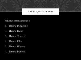 Miturut sarana pentas :
1. Drama Panggung
2. Drama Radio
3. Drama Televisi
4. Drama Film
5. Drama Wayang
6. Drama Boneka
APA WAE JINISE DRAMA?