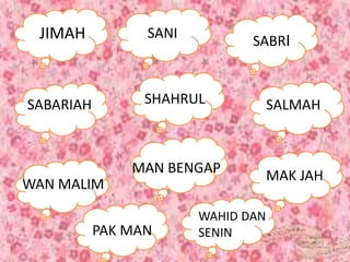 JIMAH SANI
SABRI
SABARIAH SHAHRUL SALMAH
WAN MALIM
MAN BENGAP MAK JAH
PAK MAN
WAHID DAN
SENIN
 
