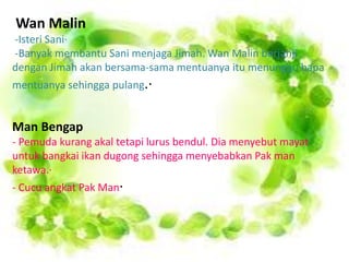 Wan Malin
-Isteri Sani·
-Banyak membantu Sani menjaga Jimah. Wan Malin berjanji
dengan Jimah akan bersama-sama mentuanya itu menunggu bapa
mentuanya sehingga pulang.·
Man Bengap
- Pemuda kurang akal tetapi lurus bendul. Dia menyebut mayat
untuk bangkai ikan dugong sehingga menyebabkan Pak man
ketawa.·
- Cucu angkat Pak Man·
 