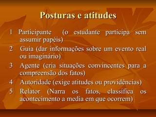 Posturas e atitudes
1 Participante
(o estudante participa sem
assumir papéis)
2 Guia (dar informações sobre um evento real
ou imaginário)
3 Agente (cria situações convincentes para a
compreensão dos fatos)
4 Autoridade (exige atitudes ou providências)
5 Relator (Narra os fatos, classifica os
acontecimento a media em que ocorrem)

 