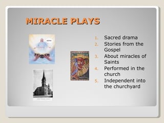 MIRACLE PLAYS Sacred drama Stories from the Gospel About miracles of Saints Performed in the church Independent into the churchyard 