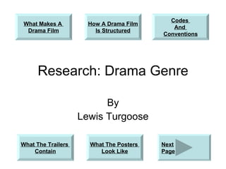 Research: Drama Genre By Lewis Turgoose What Makes A  Drama Film What The Trailers  Contain How A Drama Film Is Structured Codes  And  Conventions What The Posters  Look Like Next Page 