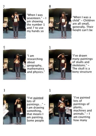 7                     8

    “When I was
    seventeen.” - I       “When I was a
    am showing            child” - Children
    the number 1          are all small,
    and 7 to use          generally. Their
    my hands so           height can’t be




9                     1

    “I am                 “I’ve drawn
    researching           many paintings
    about                 of skulls and
    geography,            skeletons.” -
    mathematics           The skull is a
    and physics.”         bony structure




1                     1

    “I’ve painted         “I’ve painted
    lots of               lots of
    paintings…” -         paintings of
    I am drawing          plants,
    something,            machines and
    that means I          animals.” - I
    am painting.          am counting
    Some people           how many
 