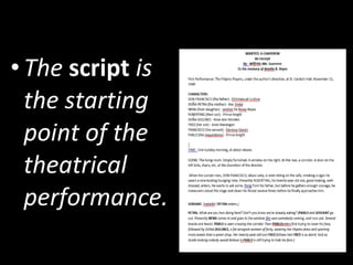 •The script is
the starting
point of the
theatrical
performance.
The Seed of Drama
 