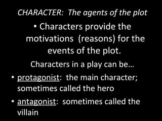 CHARACTER: The agents of the plot
• Characters provide theCharacters provide the
motivations (reasons) for themotivations (reasons) for the
events of the plot.events of the plot.
Characters in a play can be…
• protagonistprotagonist:: the main character;the main character;
sometimes called the herosometimes called the hero
• antagonistantagonist: sometimes called the: sometimes called the
villainvillain
 