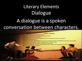 Literary Elements
Dialogue
A dialogue is a spoken
conversation between characters.
Wanted : A Chaperon
ROBERTING. I have so many expenses, Father.
FRANCISCO. How much have you got saved up in the bank?
ROBERTING. How can I save anything?
FRANCISCO. So you have nothing in the bank! What kind of gifts do you give your girl-friend?
ROBERTING (Embarrassed). I-I-
FRANCISCO. Flowers? (ROBERTING nods.) Twenty-or thirty-peso flowers? (ROBERTING nods again.) Que hombre
este! When I was courting your mother I used to give her only mani or balut.
(DONA PETRA, about fifty-five,. enters and catches his last words.)
PETRA. Yes, I remember quite well, If you only knew what my mother used to say after you used to give me mani or
balut. "Ka kuriput naman!“ she'd say.
 