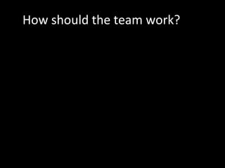 How should the team work?
Artistic Team
-Director – oversees the production, rehearses actors, plans actors’
movements
-Assistant Director- assists the Director
-Dramaturge - literary adviser in theater: a member of the staff of a
theater with mainly literary responsibilities, e.g. choosing the plays for
performance, editing and adapting texts, and writing program notes
-Stage Manager - somebody who manages backstage: an
assistant of the director of a play who supervises backstage activities
-Lights Designer – takes care of the light structure and design
-Sounds Designer/Music – carefully plan on what music or sound
effects to include
-Set and Props - decides how the stage will look like, gathers props
-Costume and Make-up - gathers appropriate costumes, decides on
each actors’ make up
 