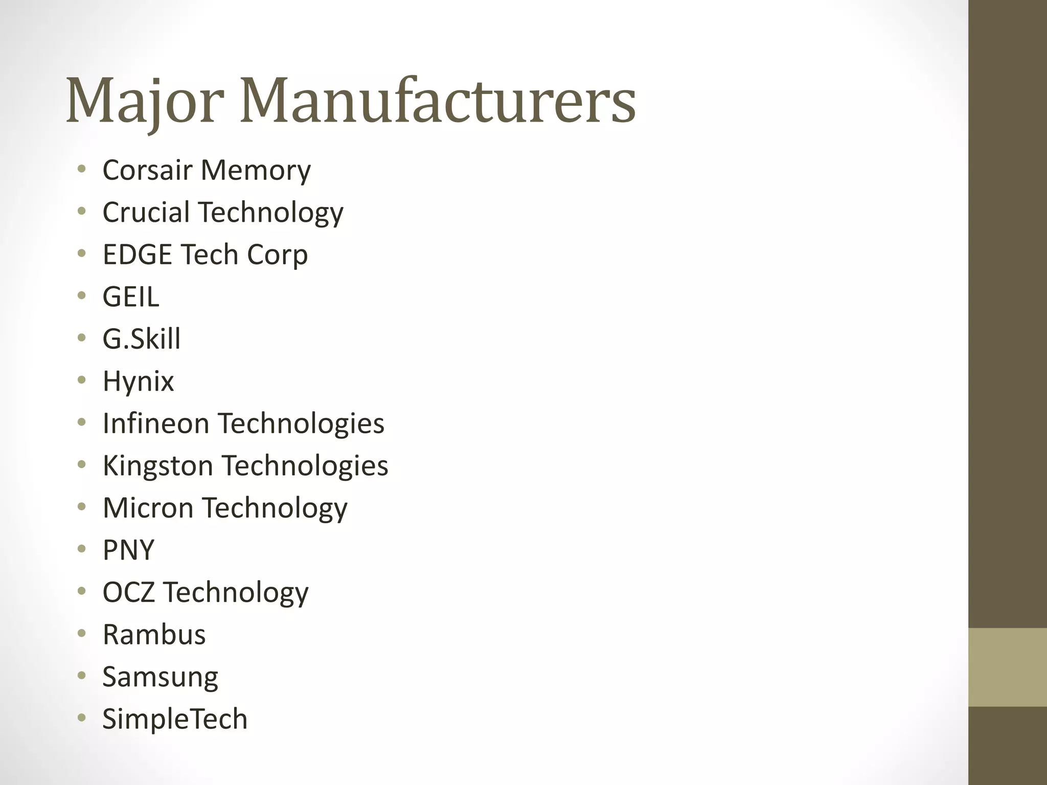 Major Manufacturers
•
•
•
•
•
•
•
•
•
•
•
•
•
•

Corsair Memory
Crucial Technology
EDGE Tech Corp
GEIL
G.Skill
Hynix
Infineon Technologies
Kingston Technologies
Micron Technology
PNY
OCZ Technology
Rambus
Samsung
SimpleTech

 