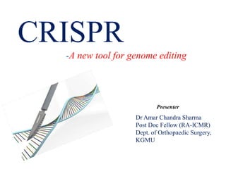CRISPR
-A new tool for genome editing
Presenter
Dr Amar Chandra Sharma
Post Doc Fellow (RA-ICMR)
Dept. of Orthopaedic Surgery,
KGMU
 