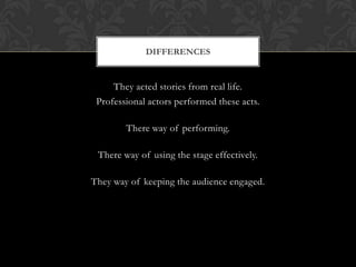 DIFFERENCES

They acted stories from real life.
Professional actors performed these acts.
There way of performing.

There way of using the stage effectively.
They way of keeping the audience engaged.

 