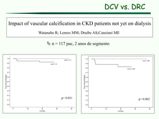 DCV vs. DRC
Impact of vascular calcification in CKD patients not yet on dialysis
Watanabe R; Lemos MM; Draibe AS;Canziani ME
 n = 117 pac, 2 anos de segmento
p= 0.051 p= 0.002
 