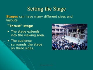Setting the Stage Stages  can have many different sizes and layouts. “ Thrust” stage The stage extends into the viewing area. The audience surrounds the stage on three sides. Rozi Khan GPGJC Swat 