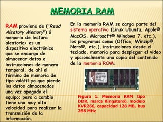 MEMORIA RAM RAM   proviene de (&quot; Read Aleatory Memory &quot;) ó memoria de lectura aleatoria: es un dispositivo electrónico que se encarga de almacenar datos e instrucciones de manera temporal, de ahí el término de memoria de tipo volátil ya que pierde los datos almacenados una vez apagado el equipo; pero a cambio tiene una muy alta velocidad para realizar la transmisión de la información.    En la memoria RAM se carga parte del  sistema operativo   (Linux Ubuntu, Apple® MacOS, Microsoft® Windows 7, etc.),  los programas como (Office, Winzip®, Nero®, etc.), instrucciones desde el teclado, memoria para desplegar el video y opcionalmente una copia del contenido de la  memoria ROM .   Figura 1. Memoria RAM tipo DDR, marca Kingston®, modelo KVR266, capacidad 128 MB, bus 266 MHz 