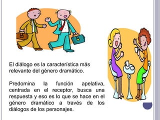 El diálogo es la característica más
relevante del género dramático.
Predomina la función apelativa,
centrada en el receptor, busca una
respuesta y eso es lo que se hace en el
género dramático a través de los
diálogos de los personajes.
 