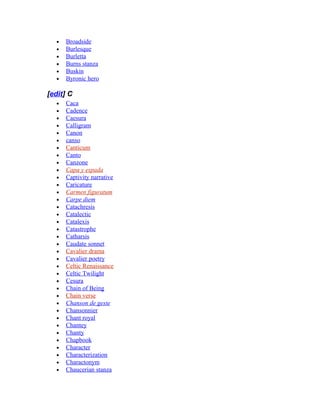 • Broadside
• Burlesque
• Burletta
• Burns stanza
• Buskin
• Byronic hero
[edit] C
• Caca
• Cadence
• Caesura
• Calligram
• Canon
• canso
• Canticum
• Canto
• Canzone
• Capa y espada
• Captivity narrative
• Caricature
• Carmen figuratum
• Carpe diem
• Catachresis
• Catalectic
• Catalexis
• Catastrophe
• Catharsis
• Caudate sonnet
• Cavalier drama
• Cavalier poetry
• Celtic Renaissance
• Celtic Twilight
• Cesura
• Chain of Being
• Chain verse
• Chanson de geste
• Chansonnier
• Chant royal
• Chantey
• Chanty
• Chapbook
• Character
• Characterization
• Charactonym
• Chaucerian stanza
 