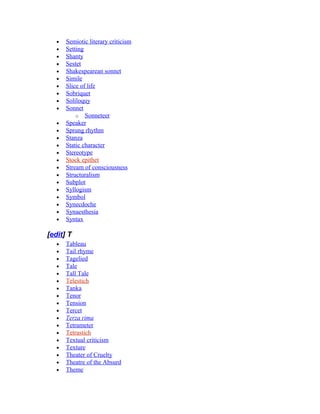 • Semiotic literary criticism
• Setting
• Shanty
• Sestet
• Shakespearean sonnet
• Simile
• Slice of life
• Sobriquet
• Soliloquy
• Sonnet
o Sonneteer
• Speaker
• Sprung rhythm
• Stanza
• Static character
• Stereotype
• Stock epithet
• Stream of consciousness
• Structuralism
• Subplot
• Syllogism
• Symbol
• Synecdoche
• Synaesthesia
• Syntax
[edit] T
• Tableau
• Tail rhyme
• Tagelied
• Tale
• Tall Tale
• Telestich
• Tanka
• Tenor
• Tension
• Tercet
• Terza rima
• Tetrameter
• Tetrastich
• Textual criticism
• Texture
• Theater of Cruelty
• Theatre of the Absurd
• Theme
 
