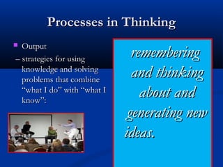 Processes in ThinkingProcesses in Thinking
 OutputOutput
–– strategies for usingstrategies for using
knowledge and solvingknowledge and solving
problems that combineproblems that combine
“what I do” with “what I“what I do” with “what I
know”:know”:
rememberingremembering
and thinkingand thinking
about andabout and
generating newgenerating new
ideas.ideas.
 