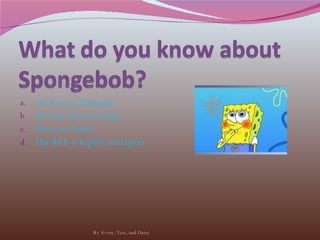 He lives in Pinapple McCain drowned him He is an Turtle His BFF is highly intelagent By Avery, Tess, and Daisy 