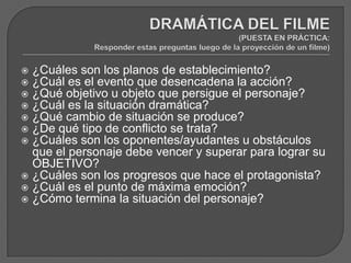  ¿Cuáles son los planos de establecimiento?
 ¿Cuál es el evento que desencadena la acción?
 ¿Qué objetivo u objeto que persigue el personaje?
 ¿Cuál es la situación dramática?
 ¿Qué cambio de situación se produce?
 ¿De qué tipo de conflicto se trata?
 ¿Cuáles son los oponentes/ayudantes u obstáculos
que el personaje debe vencer y superar para lograr su
OBJETIVO?
 ¿Cuáles son los progresos que hace el protagonista?
 ¿Cuál es el punto de máxima emoción?
 ¿Cómo termina la situación del personaje?
 
