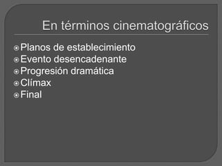 Planos de establecimiento
Evento desencadenante
Progresión dramática
Clímax
Final
 