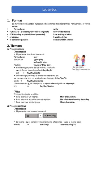 Los verbos
1. Formas
La mayoría de los verbos ingleses no tienen más de cinco formas. Por ejemplo, el verbo
write:
 Forma base: write
 FORMA –s ( o tercera persona del singular): Lucy writes letters
 FORMA –ing (o participio de presente): I am writing a letter
 el pasado: I wrote a letter
 el participio pasado: I have written a letter
2. Tiempos
 Presente simple
 Formación
 El presente simple se forma asi:
Forma base: play
SINGULAR I/you play
he/she/it plays
PLURAL we/you/ they play
 Con la mayor parte de los verbos, se añade
-s a la forma base después de he/she/it:
eat -> he/she/it eats
 Sin embargo, cuando la forma base termina en:
-o, -ss, -sh, -ch, -x o –z, se añade –es después de he/she/it:
wash -> he/she/it washes
- ‘consonante + y’, se reemplaza la –y con –ies después de he/she/it:
cry -> he/she/it cries
 Uso
El presente simple se utiliza:
 Para expresar un hecho: They are Spanish.
 Para expresar acciones que se repiten: She plays tennis every Saturday.
 Para expresar sentimiento: I love chocolate.
 Presente continuo
 Formación
 El presente continuo se forma así:
 La forma –ing is construye normalmente añadiendo –ing a la forma base:
Watch -> watching I am watching TV.
be + FORMA -ing
I like ice cream.
Tom likes ice cream too.
 