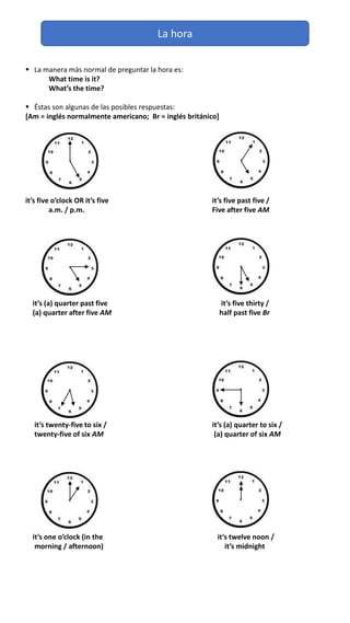 La hora
 La manera más normal de preguntar la hora es:
What time is it?
What’s the time?
 Éstas son algunas de las posibles respuestas:
[Am = inglés normalmente americano; Br = inglés británico]
it’s five o’clock OR it’s five it’s five past five /
a.m. / p.m. Five after five AM
it’s (a) quarter past five it’s five thirty /
(a) quarter after five AM half past five Br
it’s twenty-five to six / it’s (a) quarter to six /
twenty-five of six AM (a) quarter of six AM
it’s one o’clock (in the it’s twelve noon /
morning / afternoon) it’s midnight
 