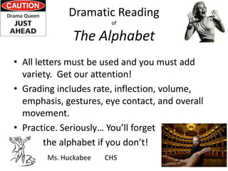 Dramatic Reading 
of 
The Alphabet 
• All letters must be used and you must add 
variety. Get our attention! 
• Grading includes rate, inflection, volume, 
emphasis, gestures, eye contact, and overall 
movement. 
• Practice. Seriously… You’ll forget 
• the alphabet if you don’t! 
• Ms. Huckabee CHS 
