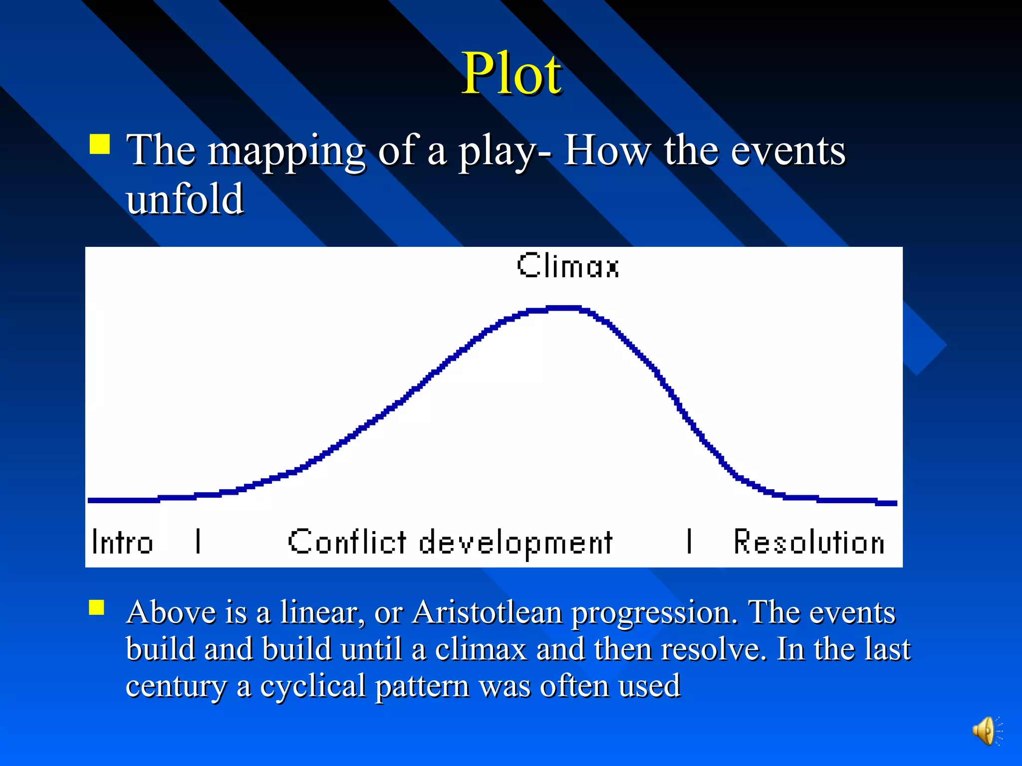 PlotPlot
 The mapping of a play- How the eventsThe mapping of a play- How the events
unfoldunfold
 Above is a linear, or Aristotlean progression. The eventsAbove is a linear, or Aristotlean progression. The events
build and build until a climax and then resolve. In the lastbuild and build until a climax and then resolve. In the last
century a cyclical pattern was often usedcentury a cyclical pattern was often used
 
