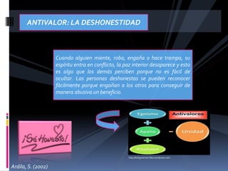 ANTIVALOR: LA DESHONESTIDAD
Cuando alguien miente, roba, engaña o hace trampa, su
espíritu entra en conflicto, la paz interior desaparece y esto
es algo que los demás perciben porque no es fácil de
ocultar. Las personas deshonestas se pueden reconocer
fácilmente porque engañan a los otros para conseguir de
manera abusiva un beneficio.
http://blxlgutierrez.files.wordpress.com
Ardila, S. (2002)
 