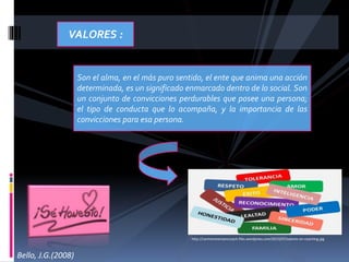 Son el alma, en el más puro sentido, el ente que anima una acción
determinada, es un significado enmarcado dentro de lo social. Son
un conjunto de convicciones perdurables que posee una persona;
el tipo de conducta que lo acompaña, y la importancia de las
convicciones para esa persona.
VALORES :
http://carmenorensanzcoach.files.wordpress.com/2013/07/valores-en-coaching.jpg
Bello, J.G.(2008)
 